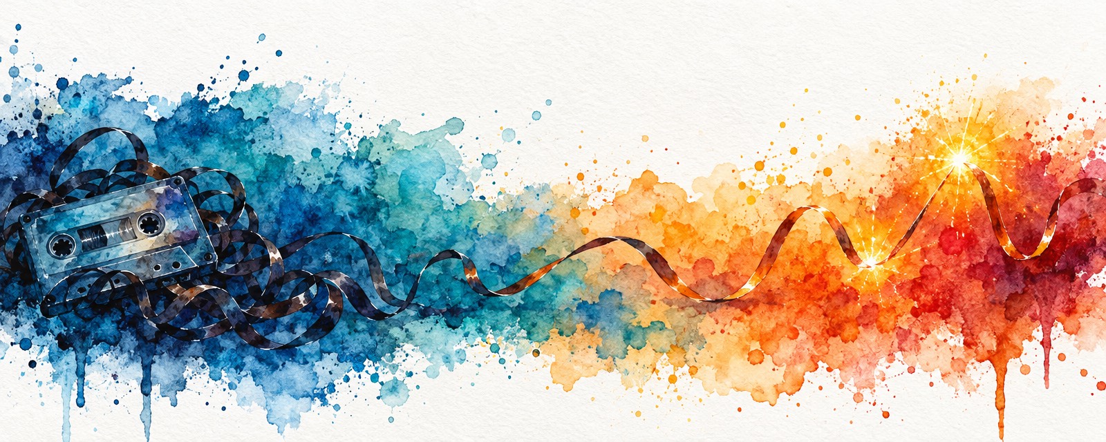 Watercolour of tangled cassette tape unspooling from blue into an orange spark