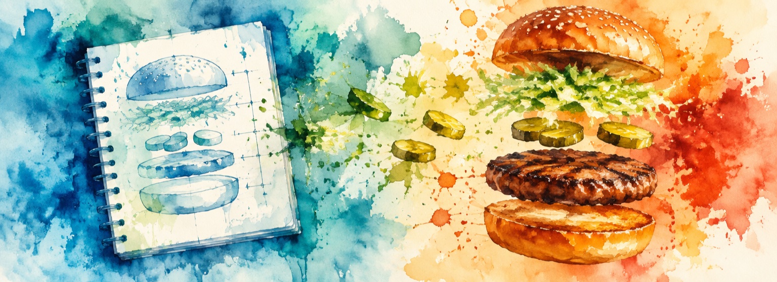 AI-generated watercolour banner, made with OpenAI's image API from a prompt by Bruce: a simplified notebook sketch of a burger's layers on the left bleeds through blue and teal washes into an exploded burger on the right (bun, shredded lettuce, pickles, a griddled patty, and the bottom bun) in warm orange and red